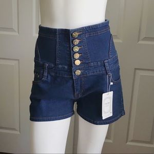 High Waisted Multi Button Corset Dark Wash Shorts